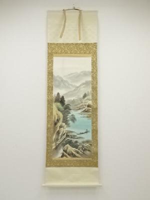 吉岡蕉琴筆　彩色山水　肉筆絹本掛軸（共箱）